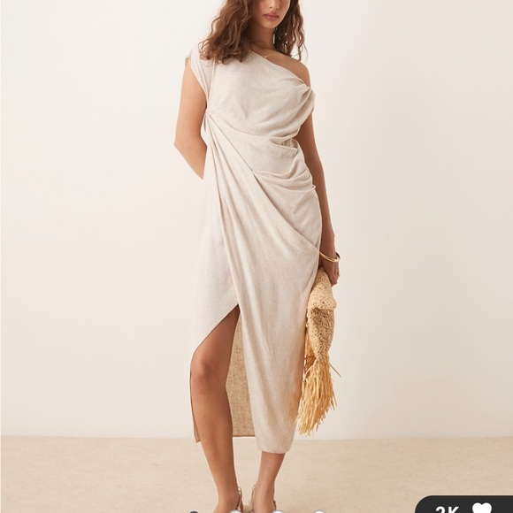 Olive Green One-Shoulder Linen Blend Midi Dress - Picture 2 of 6
